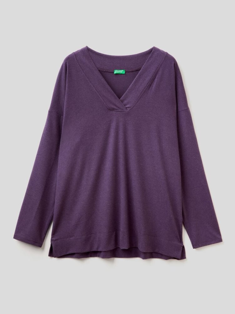 Benetton Flowy V-neck T-shirts Dames Plum | BE181634