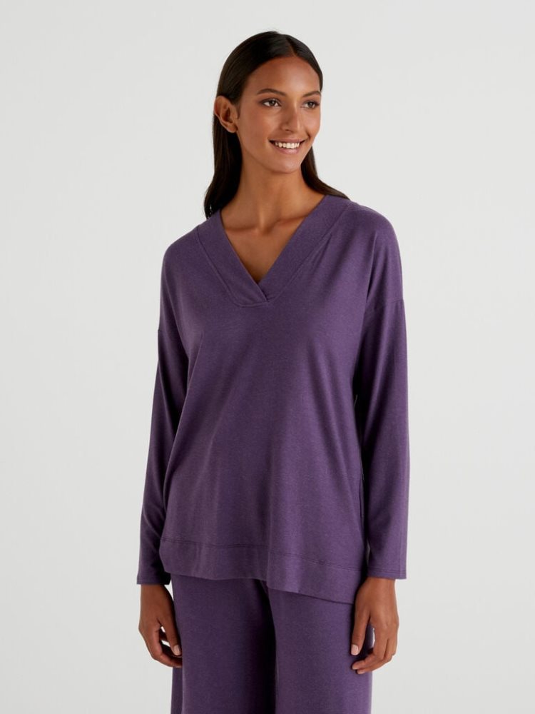 Benetton Flowy V-neck T-shirts Dames Plum | BE181634