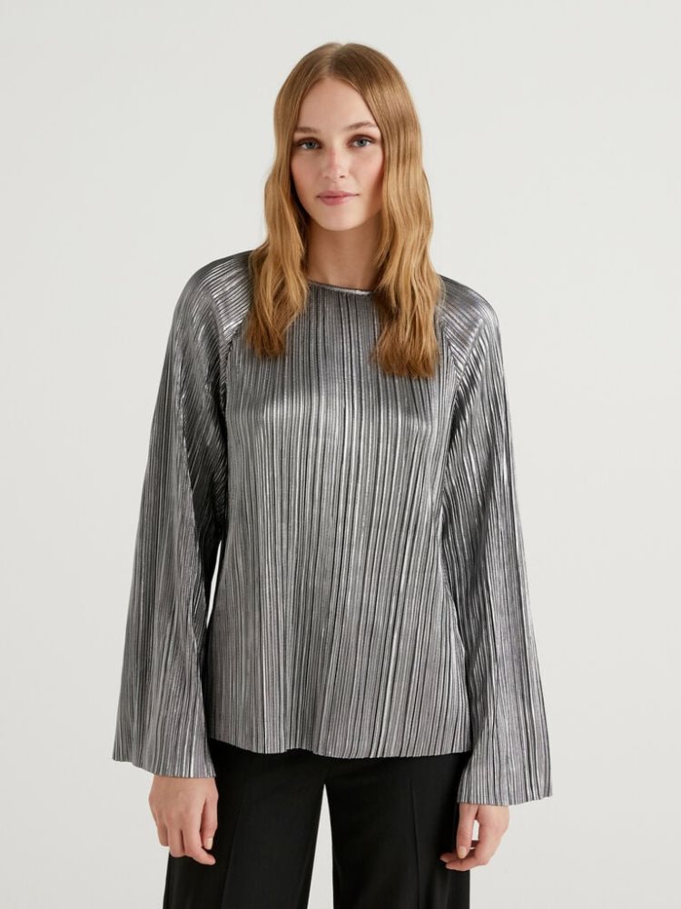 Benetton Geplooid Foil Blouse Dames Zilver | BE876373