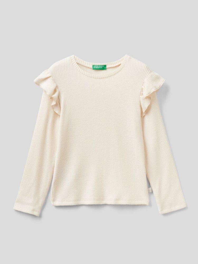 Benetton Geribbeld Rouches Long Sleeve T-shirts Kinderen Wit | BE538787