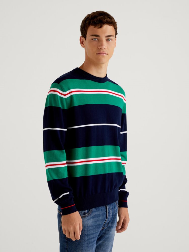 Benetton Gestreept 100% Katoenen Crew Neck Sweaters Heren Groen | BE762236