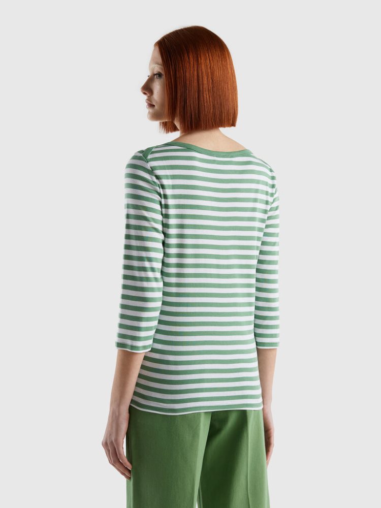 Benetton Gestreept 3/4 Sleeve 100% Katoenen T-shirts Dames Groen | BE896754