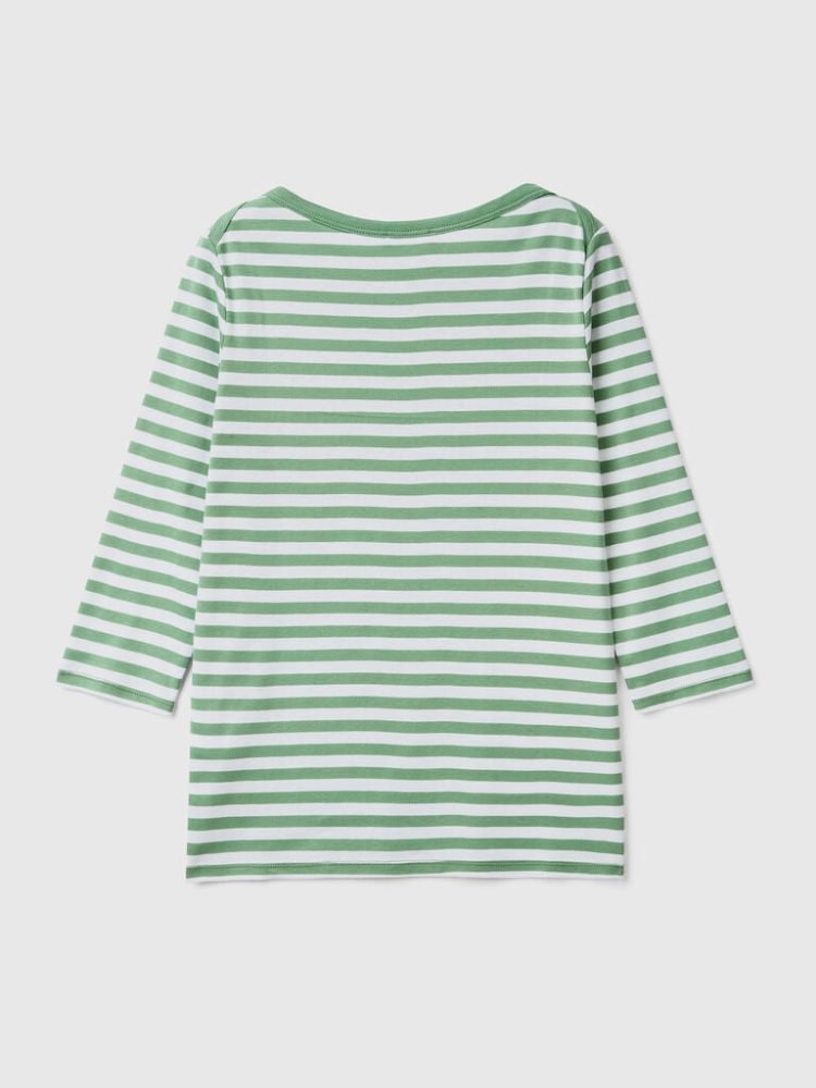 Benetton Gestreept 3/4 Sleeve 100% Katoenen T-shirts Dames Groen | BE896754