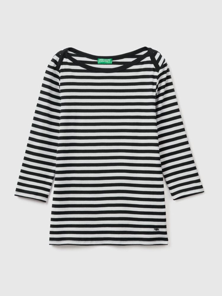 Benetton Gestreept 3/4 Sleeve Pure Katoenen T-shirts Dames Zwart | BE094880