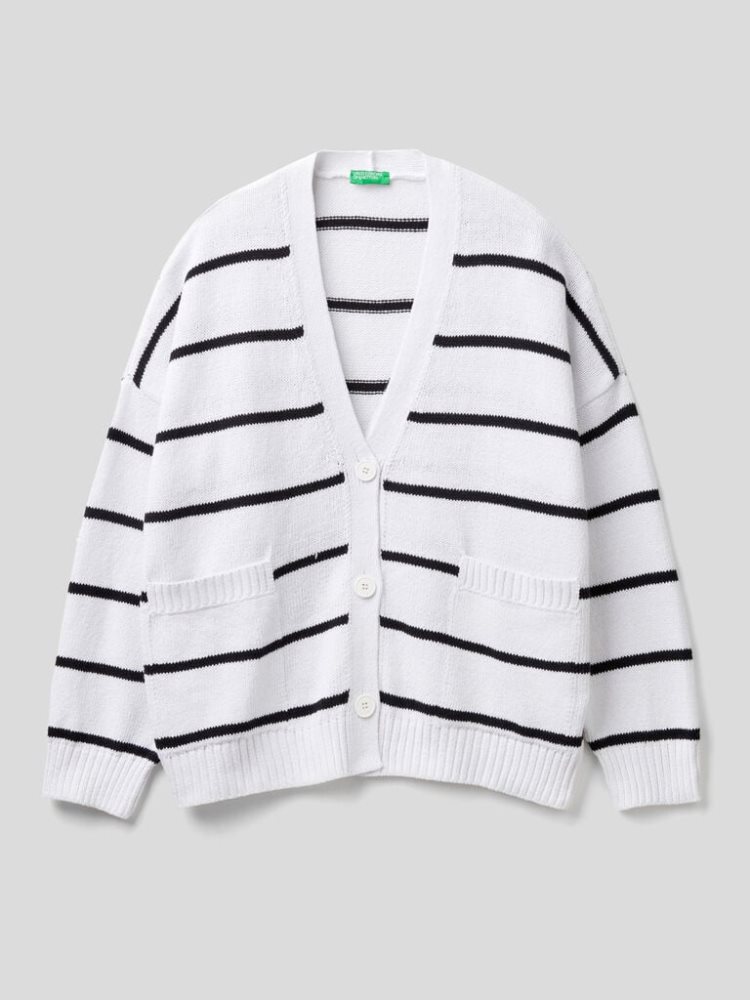 Benetton Gestreept Buttons Cardigan Dames Wit | BE511909