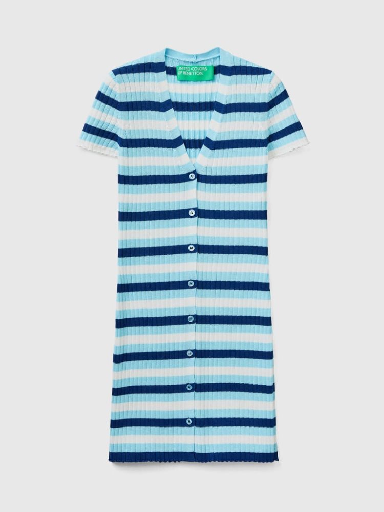 Benetton Gestreept Buttons Kort Jurken Dames Lichtblauw | BE155096