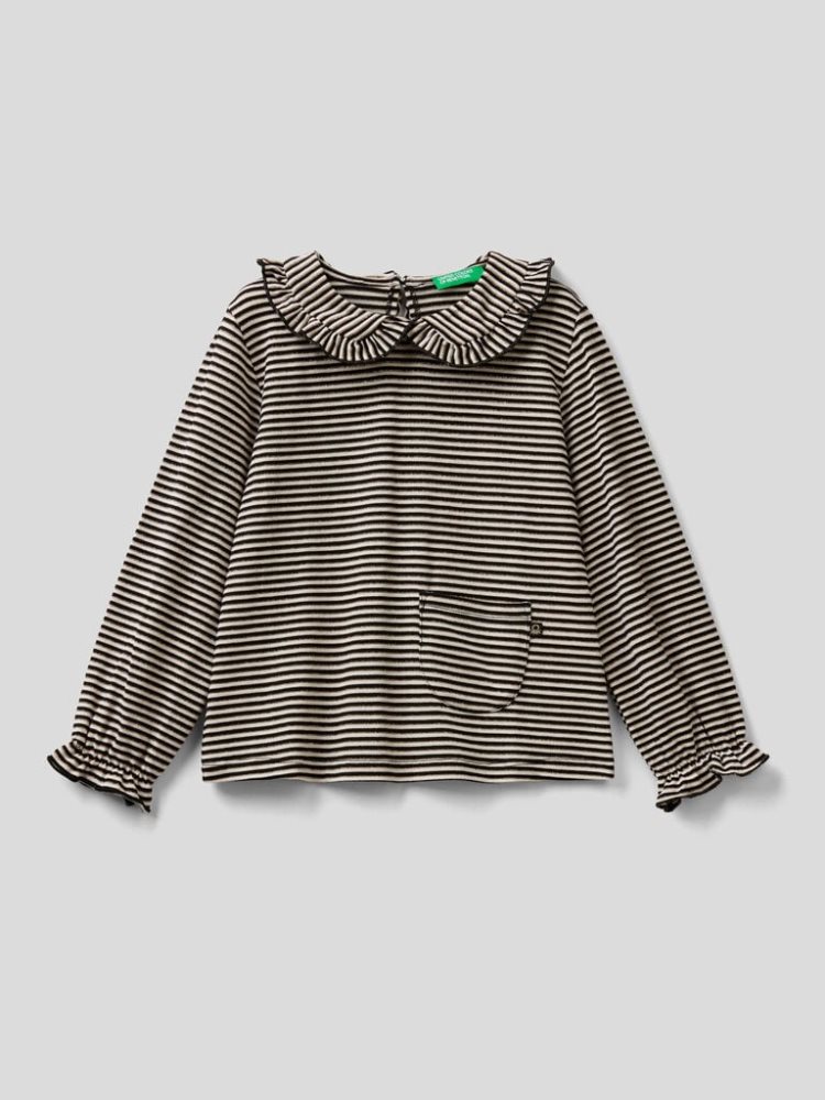 Benetton Gestreept Collar Long Sleeve T-shirts Kinderen Zwart | BE057030