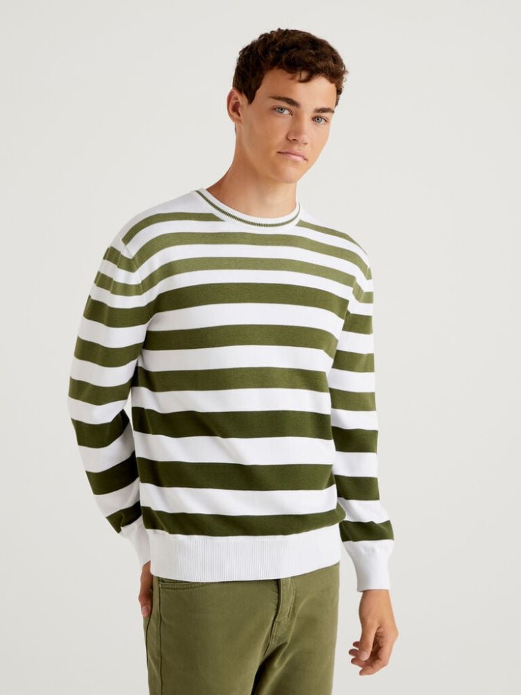 Benetton Gestreept Crew Neck Truien Heren Groen | BE152354