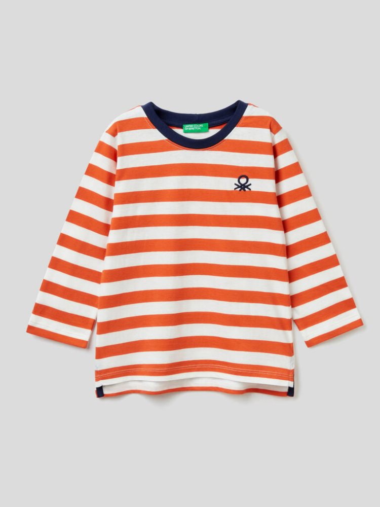 Benetton Gestreept Organic Katoenen Long Sleeve T-shirts Kinderen Oranje | BE862819