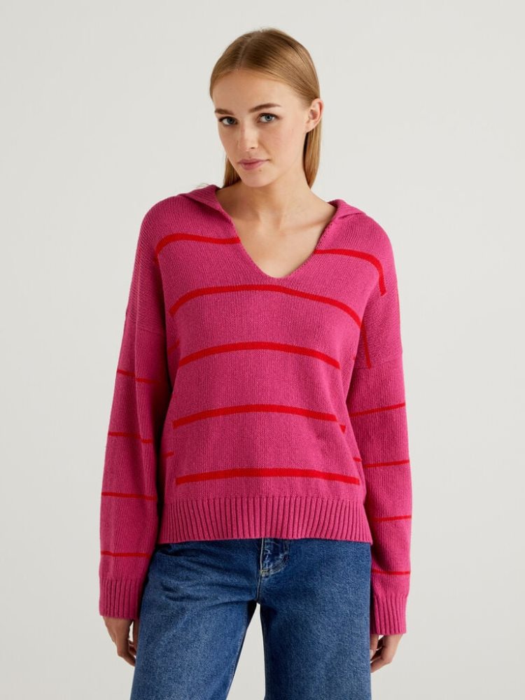 Benetton Gestreept Polo V-neck Sweaters Dames Fuchsie | BE248406