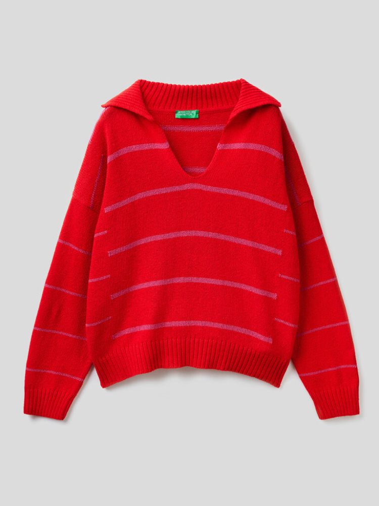 Benetton Gestreept Polo V-neck Sweaters Dames Rood | BE577508