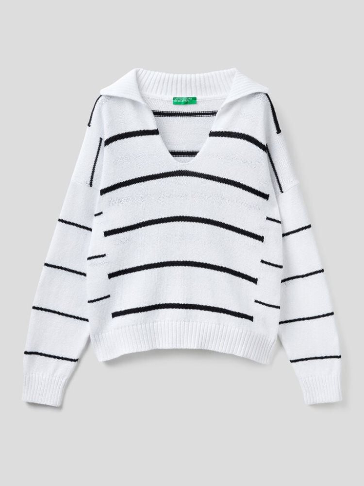 Benetton Gestreept Polo V-neck Sweaters Dames Wit | BE717128