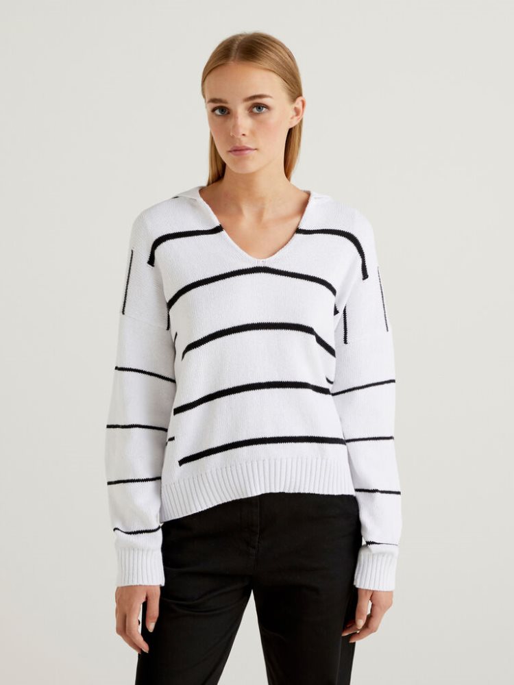 Benetton Gestreept Polo V-neck Sweaters Dames Wit | BE717128