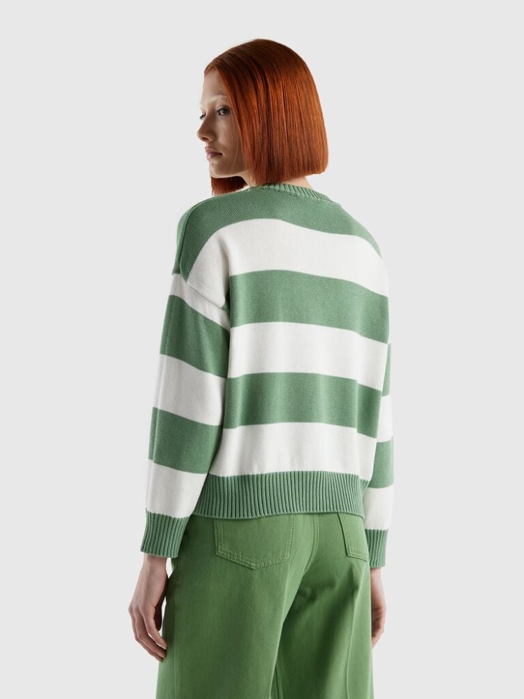 Benetton Gestreept Tricot Katoenen Crew Neck Sweaters Dames Groen | BE508041