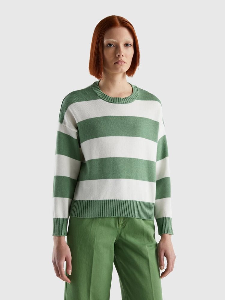 Benetton Gestreept Tricot Katoenen Crew Neck Sweaters Dames Groen | BE508041