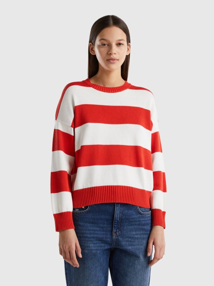 Benetton Gestreept Tricot Katoenen Crew Neck Sweaters Dames Rood | BE955417