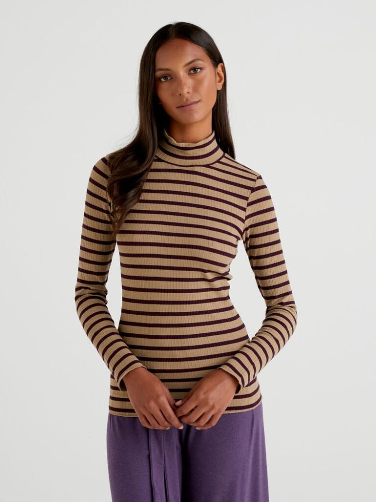 Benetton Gestreept Turtleneck T-shirts Dames Violet | BE877752