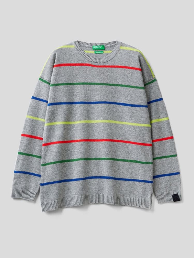 Benetton Gestreept Wol And Katoenen Blend Truien Kinderen Grijs | BE437567