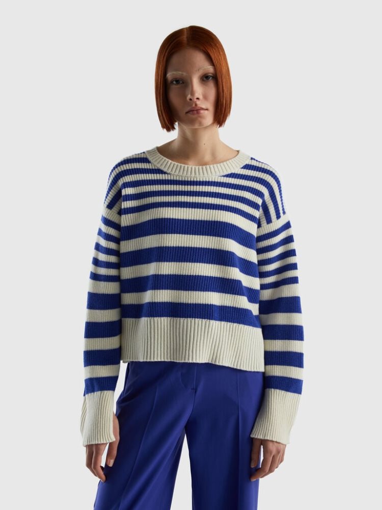 Benetton Gestreept Wol Blend Crew Neck Sweaters Dames Blauw | BE563878