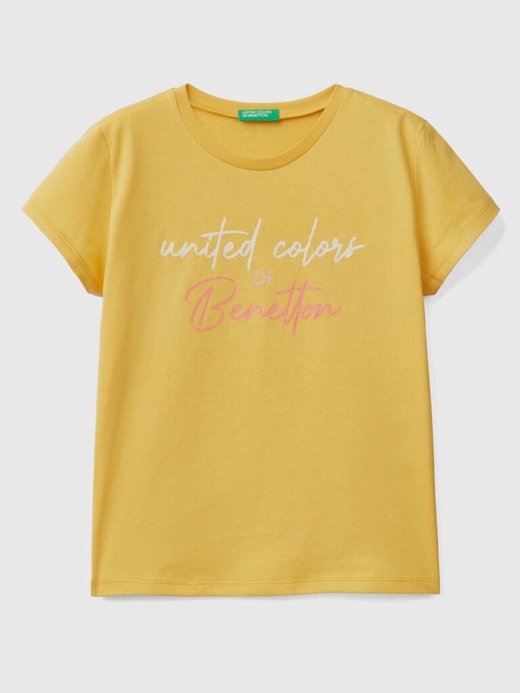 Benetton Glittery Logo Organic Katoenen Short Sleeve T-shirts Kinderen Geel | BE131392