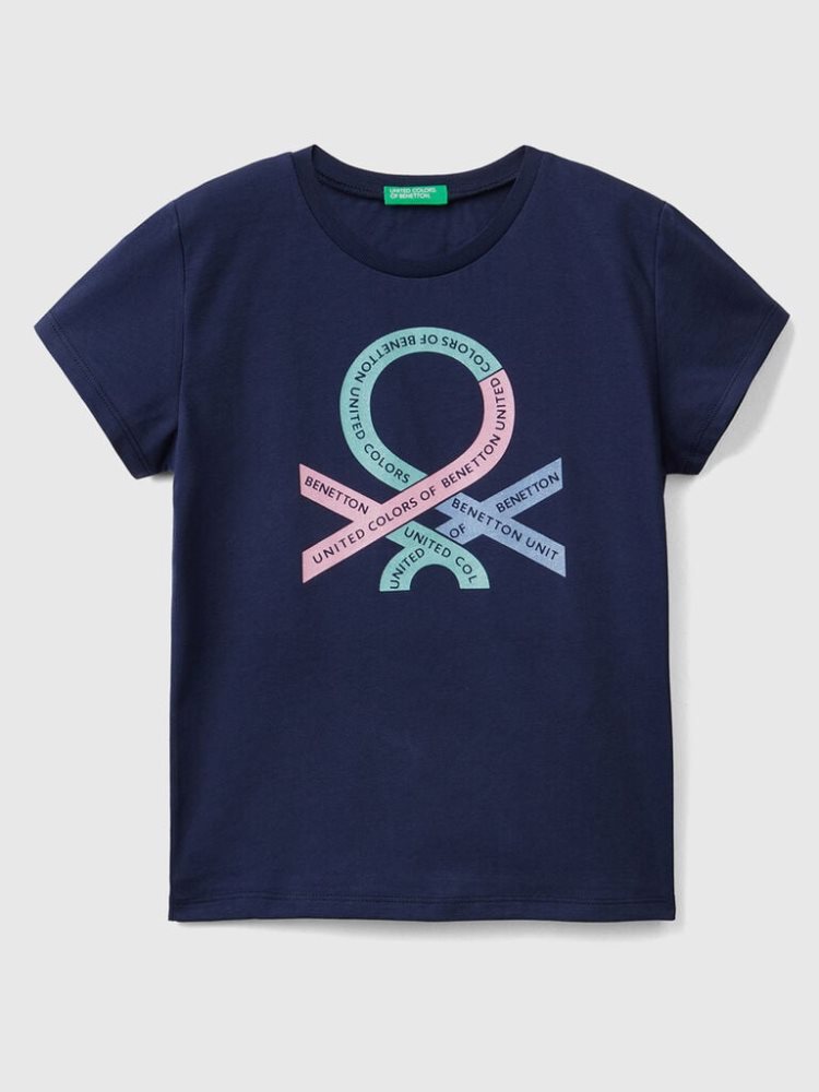 Benetton Glittery Logo Organic Katoenen Short Sleeve T-shirts Kinderen Donkerblauw | BE973391