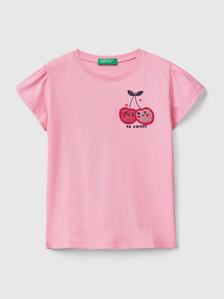 Benetton Glittery Print And Patch Short Sleeve T-shirts Kinderen Roze | BE429561