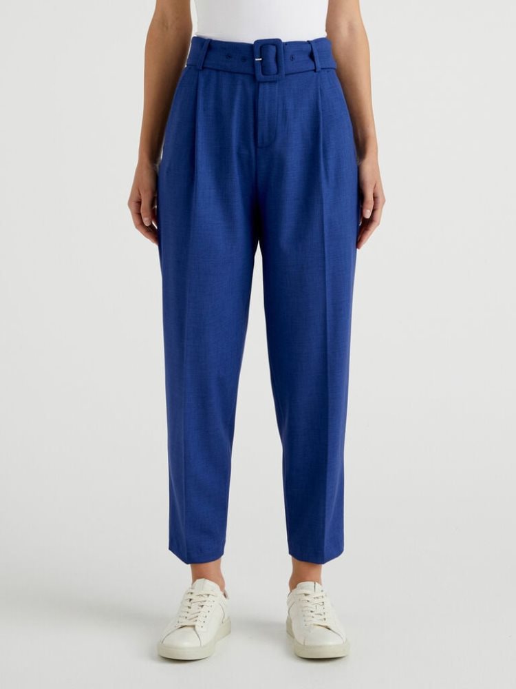 Benetton High-waisted Belt Broek Dames Blauw | BE713293