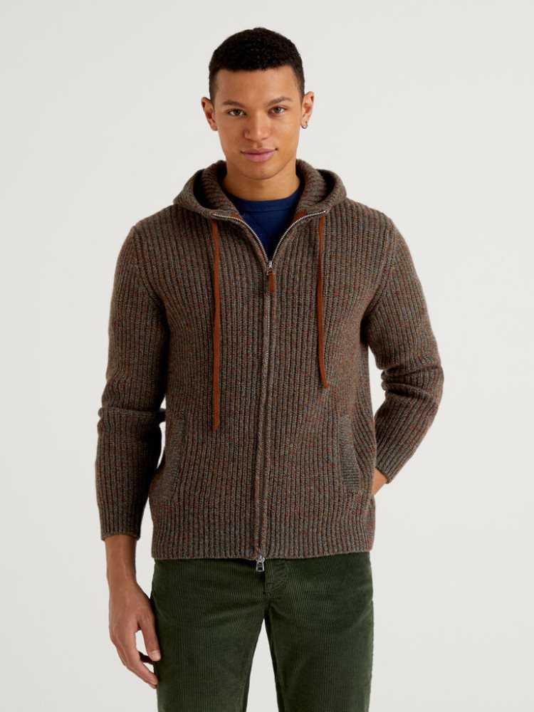 Benetton Hood Shetland Wol Crew Neck Sweaters Heren Bruin | BE901803