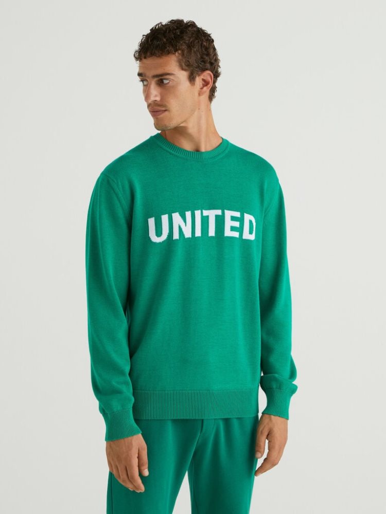 Benetton Inlaid Slogan Crew Neck Sweaters Heren Groen | BE767990