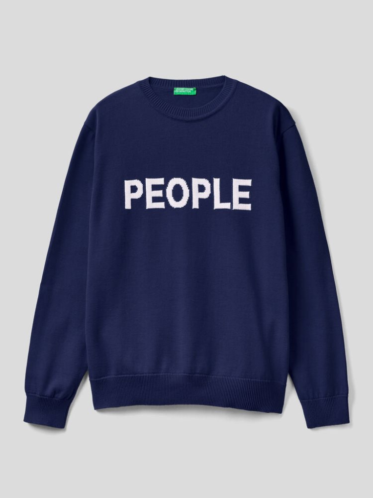 Benetton Inlaid Slogan Crew Neck Sweaters Heren Donkerblauw | BE804109