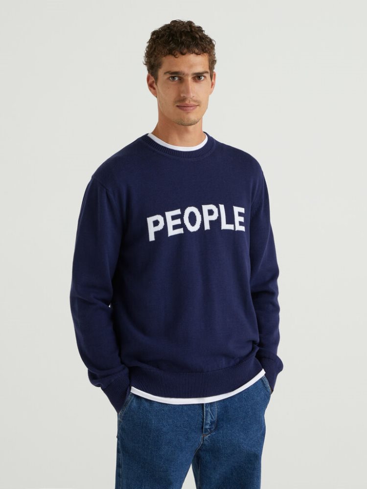 Benetton Inlaid Slogan Crew Neck Sweaters Heren Donkerblauw | BE804109