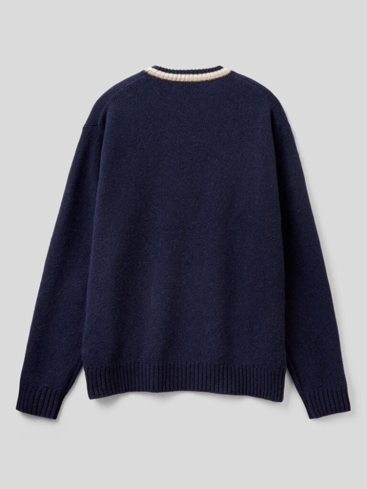 Benetton Inlay Pure Shetland Wol Crew Neck Sweaters Heren Donkerblauw | BE582242