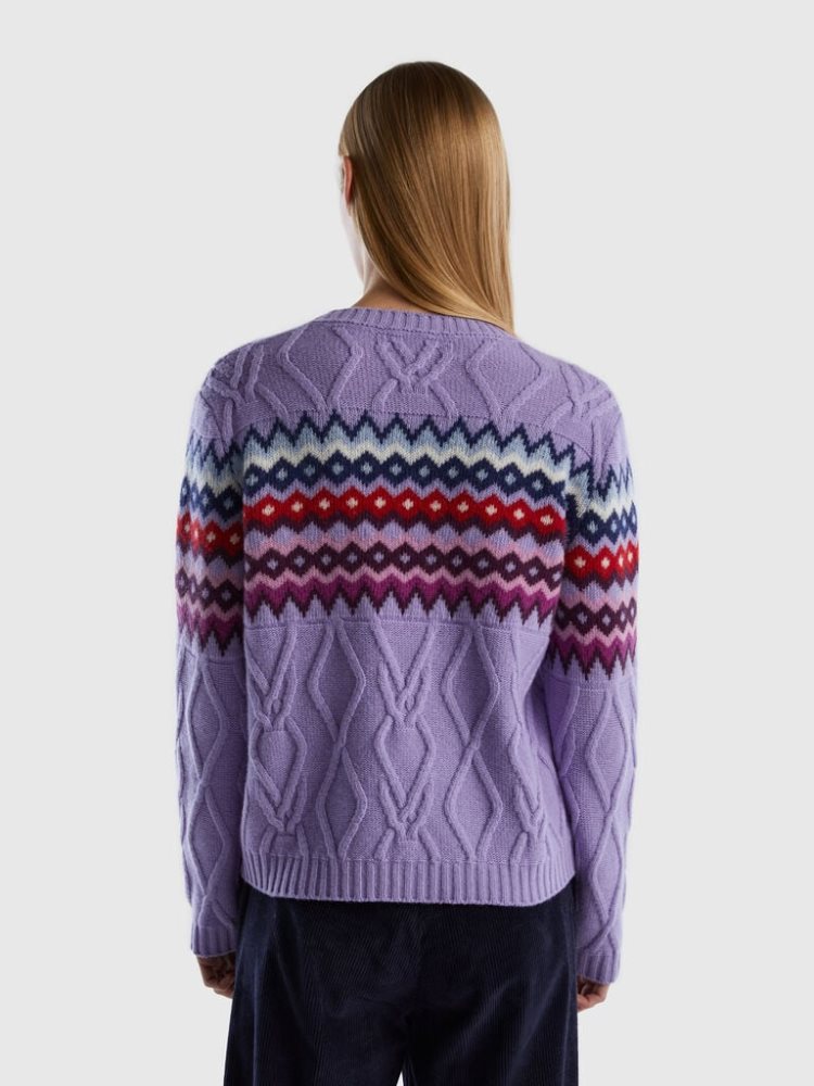 Benetton Jacquard Cables Crew Neck Sweaters Dames Lilac | BE480845