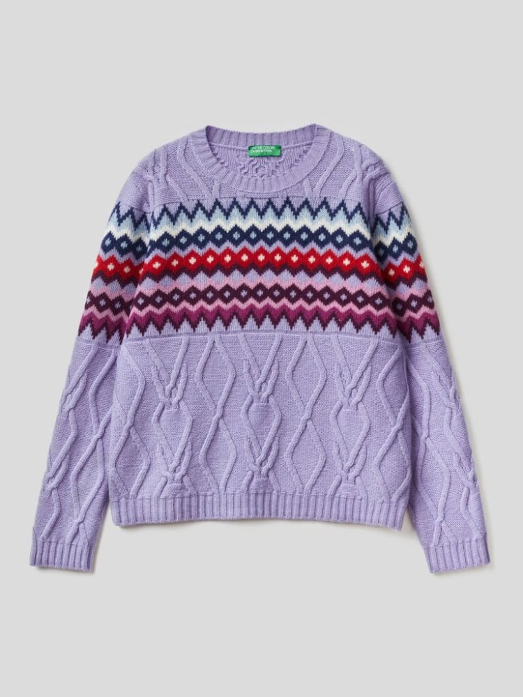 Benetton Jacquard Cables Crew Neck Sweaters Dames Lilac | BE480845