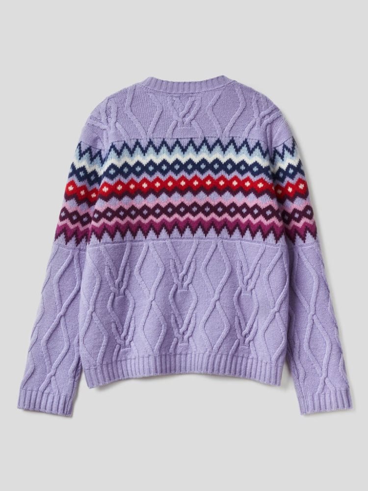 Benetton Jacquard Cables Crew Neck Sweaters Dames Lilac | BE480845