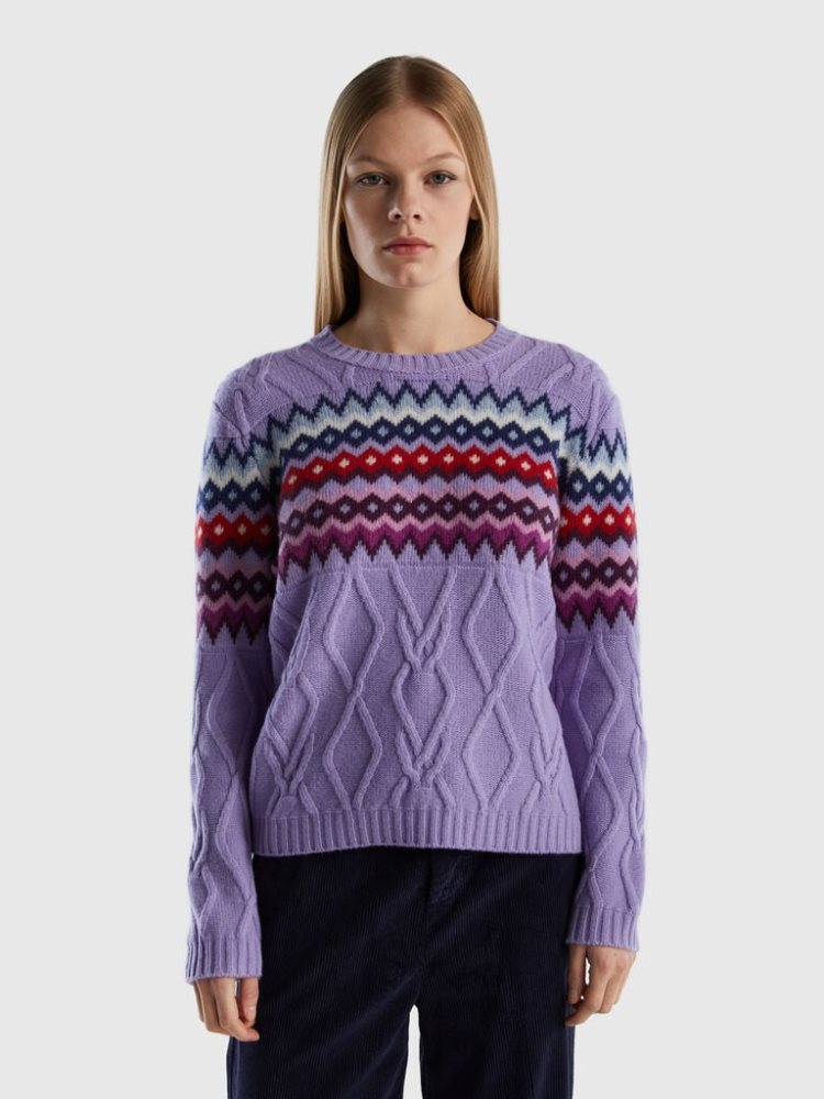 Benetton Jacquard Cables Crew Neck Sweaters Dames Lilac | BE480845