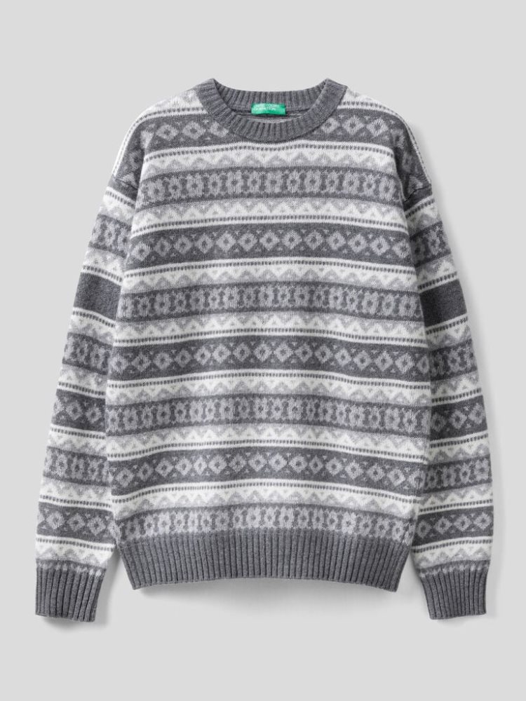 Benetton Jacquard Wol Blend Crew Neck Sweaters Heren Donkergrijs | BE438304