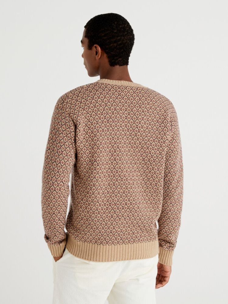 Benetton Jacquard Wol Blend V-neck Sweaters Heren Beige | BE239024