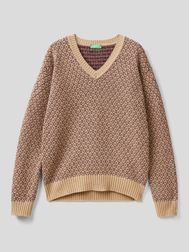 Benetton Jacquard Wol Blend V-neck Sweaters Heren Beige | BE239024