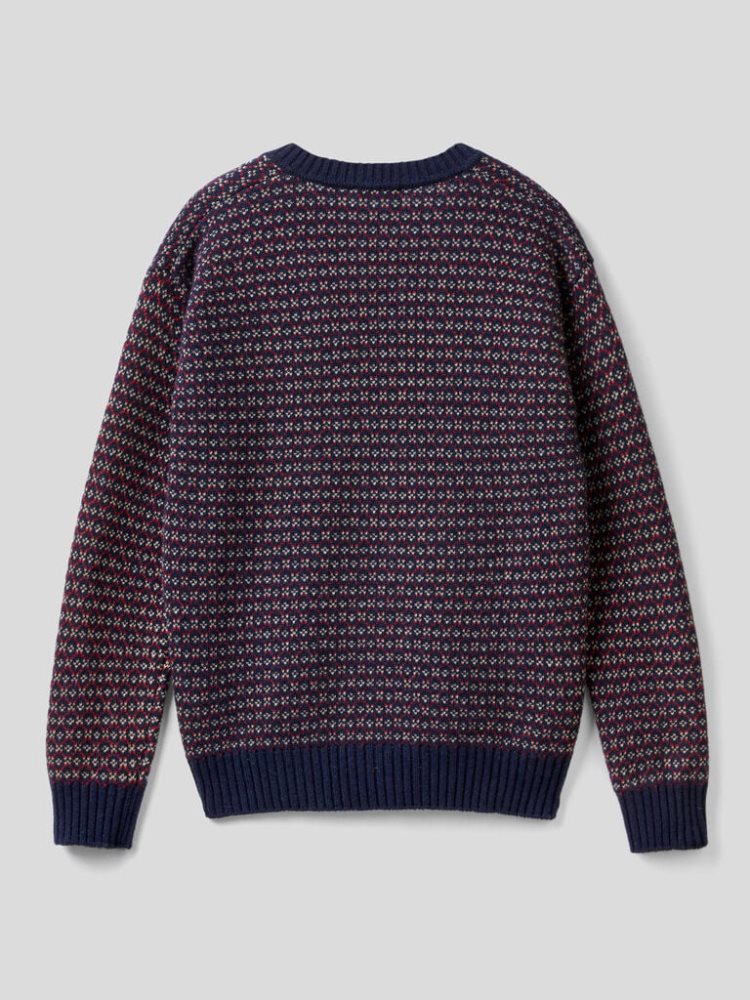 Benetton Jacquard Wol Blend V-neck Sweaters Heren Donkerblauw | BE494182