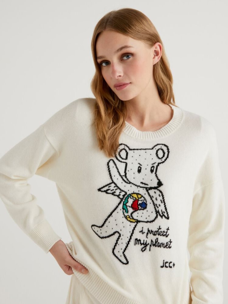 Benetton Jccxucb Bear Inlay Crew Neck Sweaters Dames Wit | BE669256