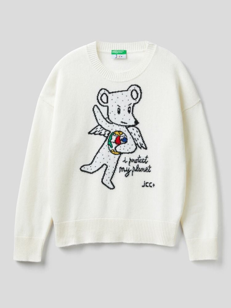 Benetton Jccxucb Bear Inlay Crew Neck Sweaters Dames Wit | BE669256