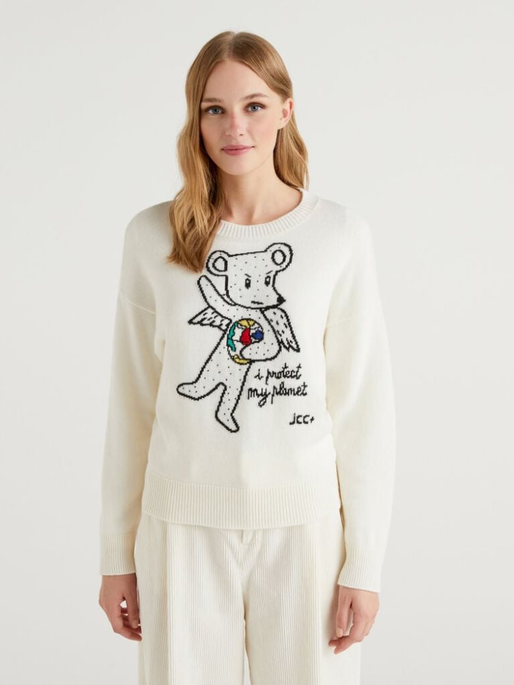 Benetton Jccxucb Bear Inlay Crew Neck Sweaters Dames Wit | BE669256