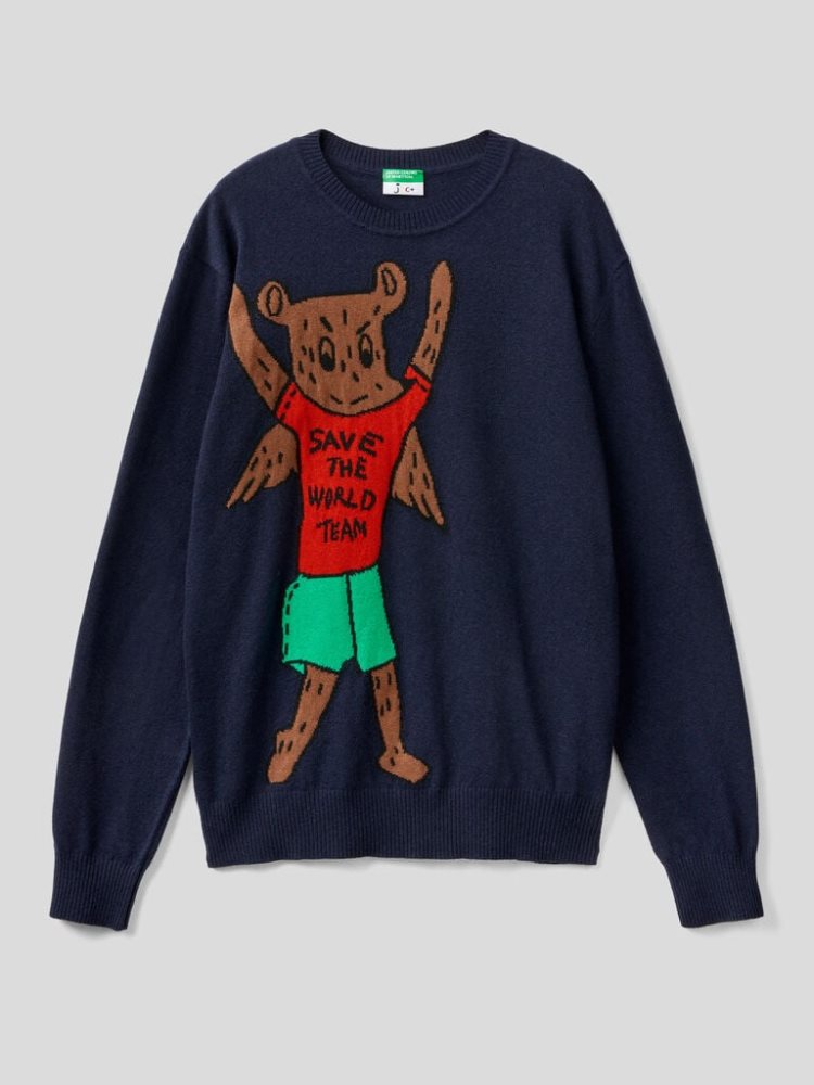 Benetton Jccxucb Bear Inlay Crew Neck Sweaters Heren Donkerblauw | BE824418