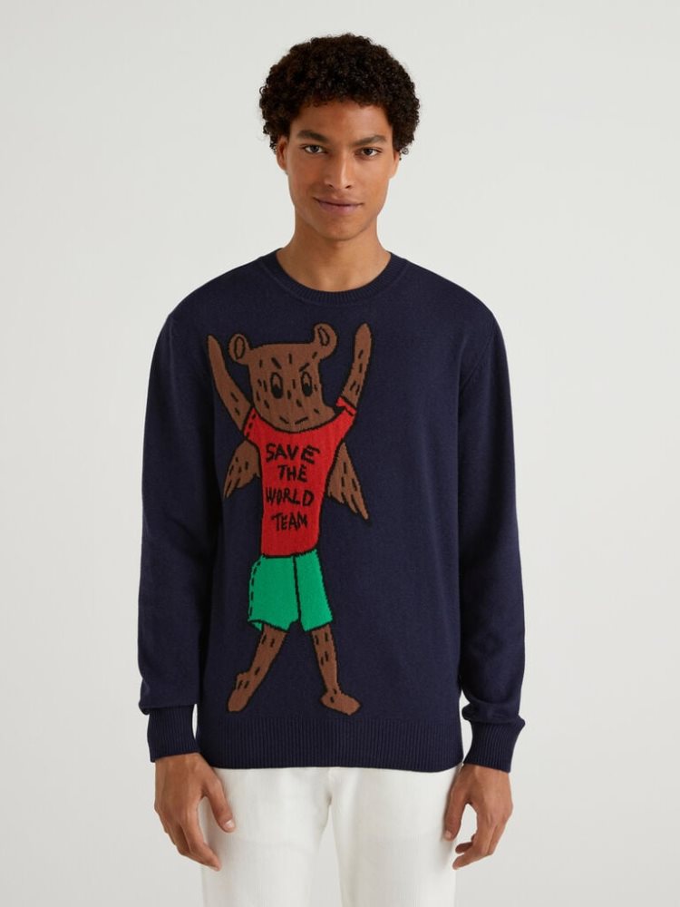 Benetton Jccxucb Bear Inlay Crew Neck Sweaters Heren Donkerblauw | BE824418