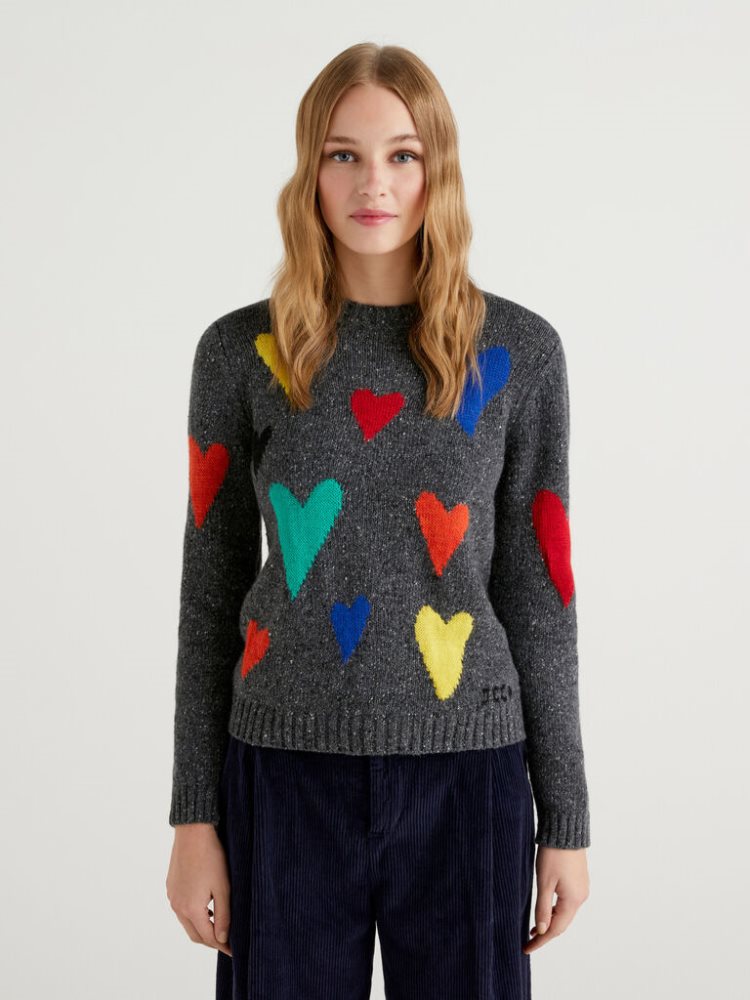 Benetton Jccxucb Hearts Crew Neck Sweaters Dames Donkergrijs | BE887123