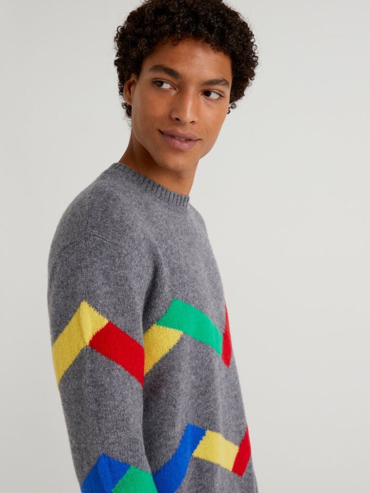 Benetton Jccxucb Inlay Crew Neck Sweaters Heren Donkergrijs | BE356172