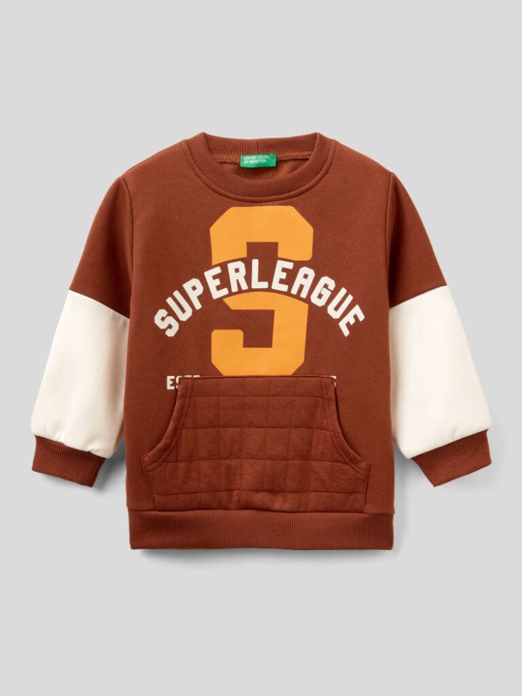 Benetton Kangaroo Pocket And Print Sweatshirt Kinderen Bruin | BE279368