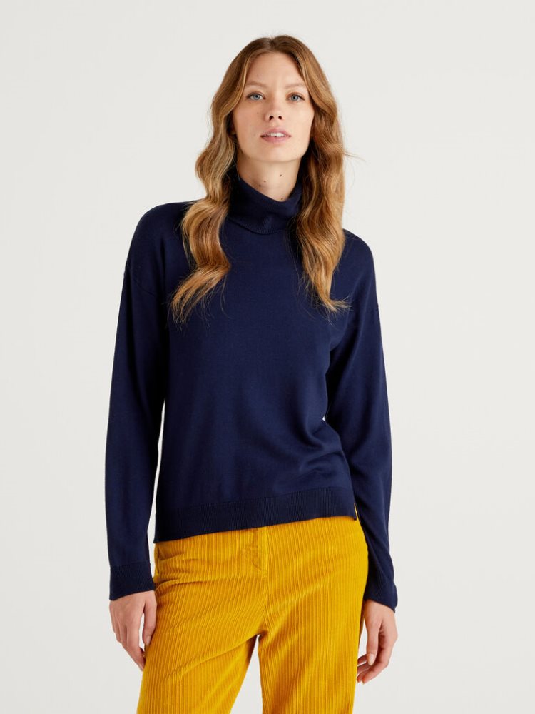 Benetton Katoenen And Modal® Turtleneck High Neck Sweaters Dames Donkerblauw | BE395279