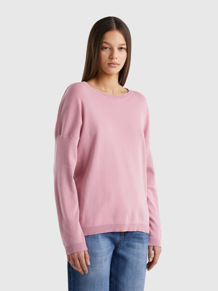 Benetton Katoenen Round Neck Truien Dames Roze | BE337810